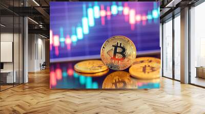 Gold Bitcoin crypto currency on background of chart diagram Wall mural