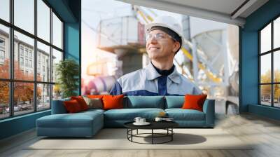 Portrait happy worker of concrete factory, young man in uniform with hard hat on background cement mixer truck Wall mural