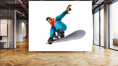 Portrait young man snowboarder jump move on snowboard isolated white background Wall mural