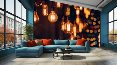 Set edison retro lamp on dark bokeh background Wall mural