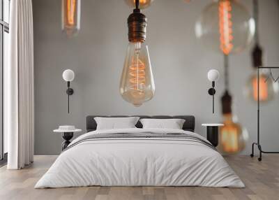 Set edison retro lamp on loft gray concrete background. Wall mural