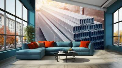 Steel, Shelf with structural materials in building warehouse. Wall mural