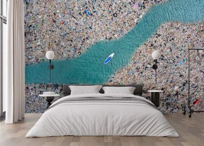 Sup board paddleboard turquoise blue water sea, Aerial top view. Concept pollution garbage plastic ocean Wall mural