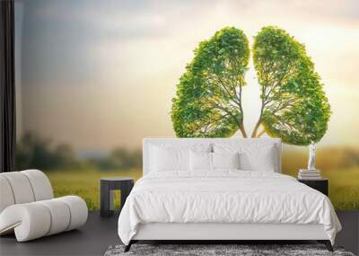 A captivating tree shaped like human lungs, symbolizing nature's breath and the importance of fresh air in a serene landscape. Wall mural