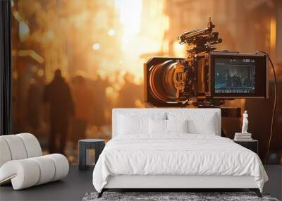 A cinematic scene capturing a camera set against a dramatic backdrop of a bustling street and flames. Wall mural