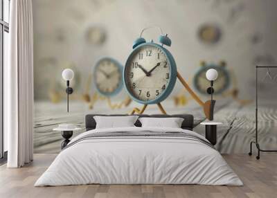 A clock with legs, walking along a timeline marked with tasks, depicting efficient time management in motion Wall mural