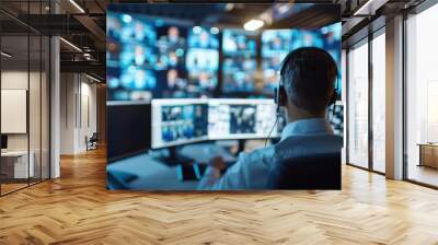 A control room with multiple computer screens displaying security feeds and a sole operator security monitor surveillance operator technology sharpened high technology vigilance ob Wall mural