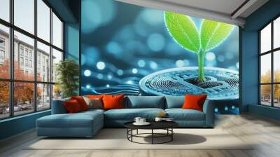 A green plant growing from a coin, symbolizing sustainability and eco-friendly finance in a digital world. Wall mural