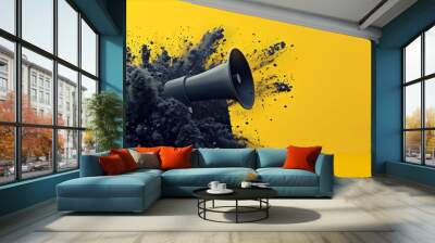 A laptop with a megaphone on a yellow background with black graphic accents suggesting sound and impact. Wall mural