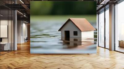 A miniature house floating on water highlights the impact of flooding and water damage in a serene yet troubling scene. Wall mural