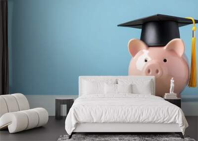 A piggy bank wearing a graduation cap symbolizes savings for education and financial planning for future students. Wall mural