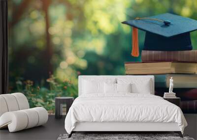 A stack of books leading up to a graduation cap, each book representing knowledge accumulated on the journey to academic achievement Wall mural