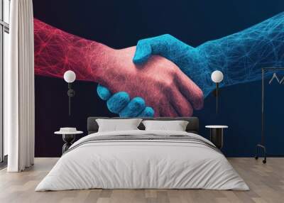 A symbolic handshake representing unity and collaboration between two distinct entities, showcasing digital and futuristic elements. Wall mural