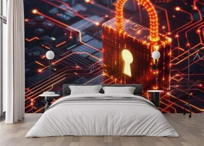 Abstract digital security concept with a glowing padlock and data lines on a dark background Wall mural