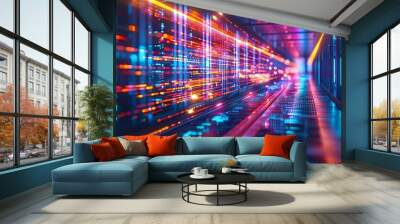 Abstract visualization of data processing in a hightech facility, vibrant light trails representing the flow of information, dynamic and powerful Wall mural