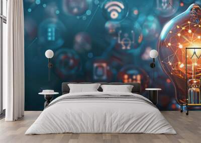 Animated concept of electric currents flowing from a light bulb to various creative icons, symbolizing dynamic connections Wall mural