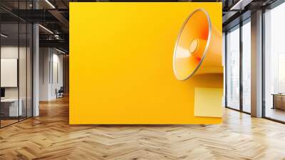 Bright megaphone on a yellow background with sticky notes, ideal for communication and marketing concepts. Wall mural