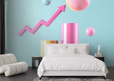 Colorful growth chart with abstract objects and coins representing financial success and investment strategy. Wall mural