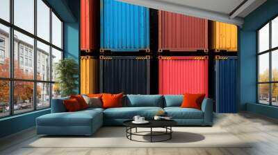 Colorful shipping containers arranged in a grid pattern, showcasing vibrant hues and industrial design, ideal for transport themes. Wall mural