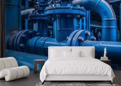 Complex network of blue industrial pipes with valves Wall mural