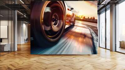 Dynamic close-up of a racing car wheel in motion, capturing speed and power against a vibrant sunset backdrop. Wall mural