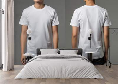 Front and back view of a plain white t shirt on a male model Wall mural