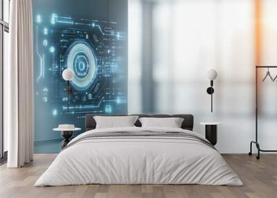 Futuristic digital interface on wall in modern office space, illustrating technology integration and virtual innovation. Wall mural