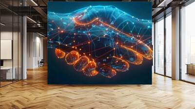 Futuristic handshake composed of glowing particles and digital connections, illustrating the merging of technology and human interaction in cyberspace Wall mural