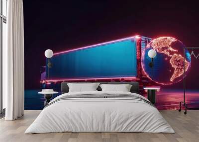 Futuristic truck with illuminated container showcasing a glowing globe, symbolizing global transportation and innovation. Wall mural