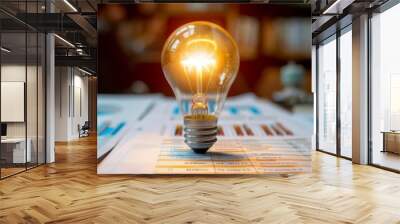 Insightful business meeting A light bulb brightly shining above detailed business documents, casting light on strategic insights in a professional setting Wall mural