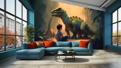 Prehistoric Wonders: A Boy's Adventure with Dinosaurs in a Stunning Digital Painting, Generative AI. Wall mural