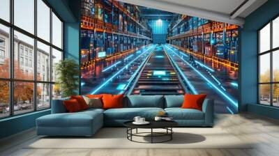 Smart warehouse operation with glowing paths and digital cargo tracking, visualizing the future of distribution and storage Wall mural