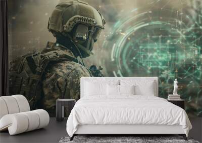 soldier with tactical military HUD and battlefield scenarios Wall mural