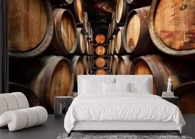 Stacked wooden barrels in a cellar Wall mural