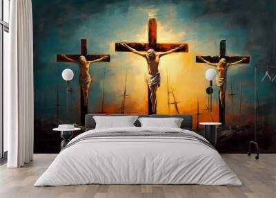 Symbolic Crucifixion: An Oil Painting of Three Crosses on Calvary Depicting Jesus Christ's Sacrifice, Generative AI. Wall mural