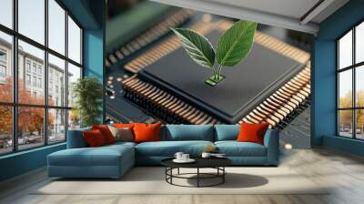 Technonature fusion concept, with a green plant emerging from a computer chip, representing the intersection of technology and ecology Wall mural