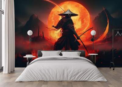 the Mystical Martial: A Samurai's Fiery Battle on the Battlefield, Generative AI. Wall mural