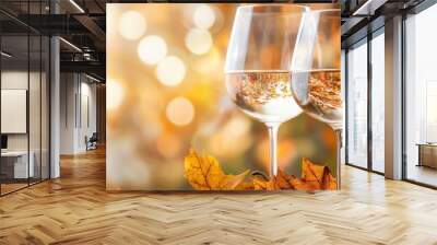 Two glasses of white wine beside a bottle, surrounded by autumn leaves, creating a warm and festive atmosphere. Wall mural