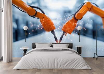 Two robotic arms performing welding, sparks flying in an industrial setting. Wall mural