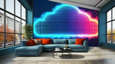 Vibrant neon cloud icon symbolizing cloud computing and digital storage technology against a dark background. Wall mural