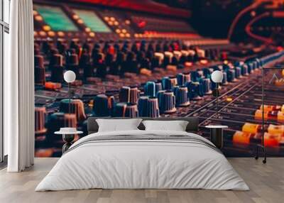 Warm ambiance in a sound engineering booth, with an audio mixer and equalizer finetuning the perfect track Wall mural