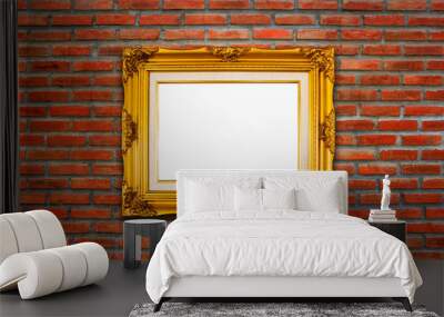 Classic wooden frame on red brick wall background. Wall mural