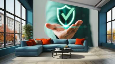 User is showing on hand identity proofing icon for security protection system on virtual screen. Quality assurance of business service. Certified guarantee approval or secure access system concept. Wall mural