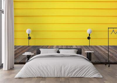 Wood table on yellow wood wall for background. Wall mural