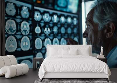 Senior doctor looking at brain scans, analyzing patient's health condition Wall mural