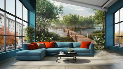 The beauty of nature is captured in this stunning photo of a wooden dock jutting out into a serene lake. The lush greenery and tranquil waters create a peaceful and inviting scene. Wall mural