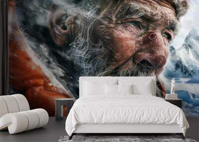 The photo shows a portrait of an old mountaineer with a long white beard and weathered face Wall mural