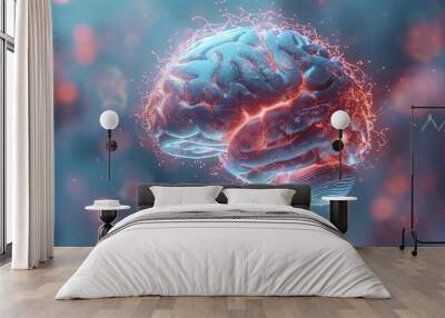 3D illustration of a human brain on an Xray film Clear depiction of cerebral cortex and brainstem Shades of blue and gray with glowing highlights Wall mural