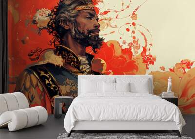 A digital painting of a black man with long black hair and a beard wearing a red and gold patterned robe with a fur-lined cape Wall mural