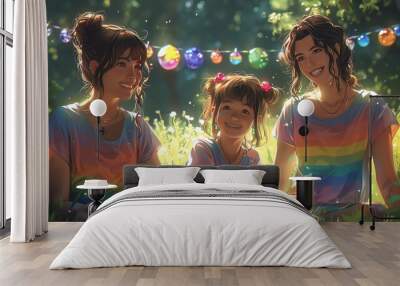 Detailed drawing of a family with two moms and their children, all wearing rainbow Tshirts, celebrating at a Pride picnic The background is a sunny park with colorful decorations Wall mural